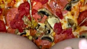 Pizza slut masturbates and cums on food in kinky arab teen fetish with juicy pussy craving bbc in la