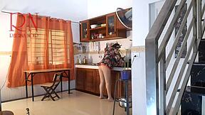 naked pantyhose housewife maid orgasms cooking kitchen voyeur roommate watch