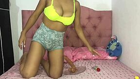 Colombian latina student babe rides huge dildo wet pussy solo