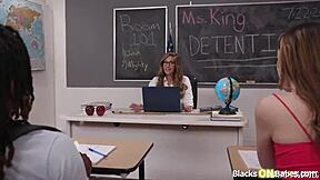 what if big tits milf teacher threesomes with her petite teen students?