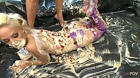 lesbian babes spread food on shaved pussies lick and finger each other out