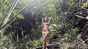 Monika fox flashes pierced tits for jungle quickie blowjob cum swallow