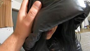 Cum Covers My Long Black Shiny Puffy Jacket for Impotent Husband to Lick Clean