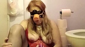 My humiliated slave in body licks dirty toilet during self bondage session