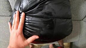 Cum Covers My Long Black Shiny Puffy Jacket for Impotent Husband to Lick Clean