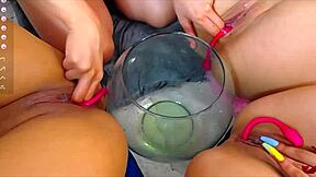 lucy devours four squirting pussies covered in fluid after lesbian licks