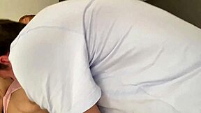 skinny redhead student shaved pussy fucked raw in sheer fishnets by condo stud