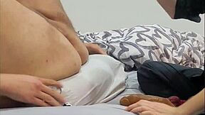 I'm in bed with this perfect body babe trying her big strapon on me quick cum