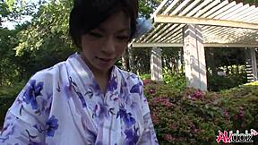 Japanese saki aoyama in kimono sucks cock outdoors with big tits