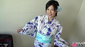 Japanese saki aoyama in kimono sucks cock outdoors with big tits