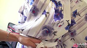 Japanese saki aoyama in kimono sucks cock outdoors with big tits