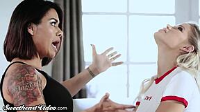 Lesbian babes with big tits ride strapon promising no more cheating