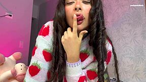 damn girl split tongue licks lollipop then shoves in hairy ass closeup!