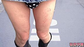 Slut Fingers Pussy in Miniskirt Boots and Polka Dot Panties