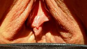 maturemons the sexy mature aunt flashes her huge soaking wet meaty pussy lips and big pussy in slow motion