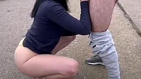 She spits on his big cock then he cums all over her latina lips