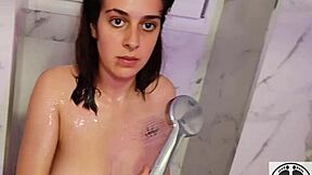 AMATEUR 18YO BRUNETTE SHOWERS WITH NATURAL BIG TITS!