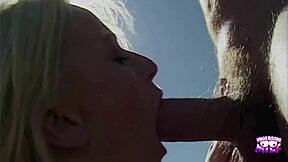 A skinny blonde bitch dumps her man but takes his cumshot facial outdoors in heels