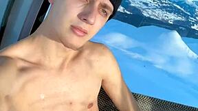 skinny teen jerks cock wild in public ski gondola flashing blue eyes forest view!