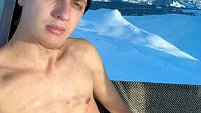 skinny teen jerks cock wild in public ski gondola flashing blue eyes forest view!