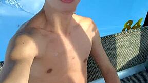 skinny teen jerks cock wild in public ski gondola flashing blue eyes forest view!
