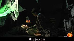 Grandpa bends short-haired teen over for doggystyle halloween pounding