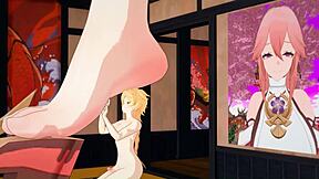 Overwhelmed by Yae Miko's Huge Tall Footjob Bliss