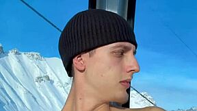 skinny teen jerks cock wild in public ski gondola flashing blue eyes forest view!