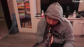 curvy brunette femdom in heels and stockings pegs slave with strap on while jerking him