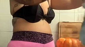 I'm cooking dinner knowing i'll be dessert for hubby’s friend halloween pussy flash!