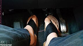 nylon-clad toes tease with separators in steamy car confines