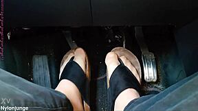 nylon-clad toes tease with separators in steamy car confines