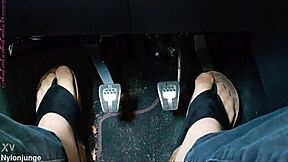 nylon-clad toes tease with separators in steamy car confines
