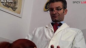 Mary Rider spreads shaved pussy in therapy then rides cock doggystyle to squirting orgasm