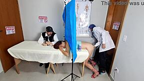 Redhead housewife flashes ass to gynecologist while betrayed husband watches nearby