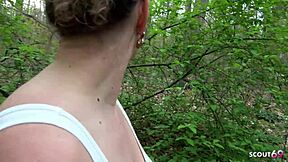 german curvy milf wife in leggings gives risky public blowjob and swallows