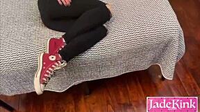 cutie in jeans and sneakers drools on deepthroat blowjob with dirty talk