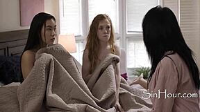 Spanking turns straight milf lesbian fingering tiny 18+ petite stepdaughters in caught hardcore 3some