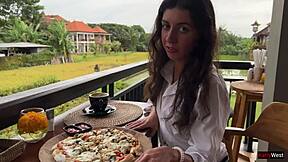 eating cum-covered pizza right in public cafe with face full!!