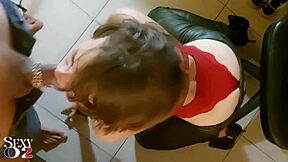 French amateur slut deepthroat blowjob rimming ass fingering in red satin bodysuit green leather pants heels