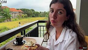 eating cum-covered pizza right in public cafe with face full!!