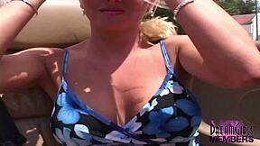 this tanned blonde dream girl flashes her huge tits outdoors in florida