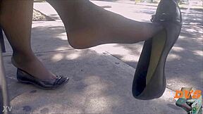 Hidden cam catches sexy nylon stocking feet teasing in flats