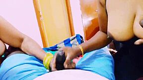 indian aunty wife and hubby give dirty talking threesome blowjob with big natural tits