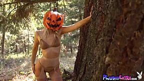 wow! petite sky pierce strips nude in halloween forest, flashing shaved pussy outdoors!