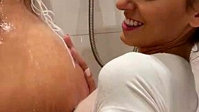 lesbian shower teen deepthroat double blowjob explodes into cum swap facial