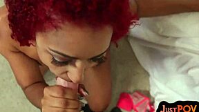 pov with this pierced inked redhead babe she sucks deep throats and rides while dirty talking about her shaved pussy