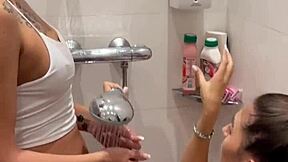 lesbian shower teen deepthroat double blowjob explodes into cum swap facial