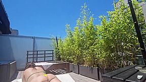 latina milf sunbathing leads to ass worship and cum on her big tits