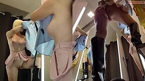 i caught this juicy pussy flashing under see-through skirt in public changing room spy cam